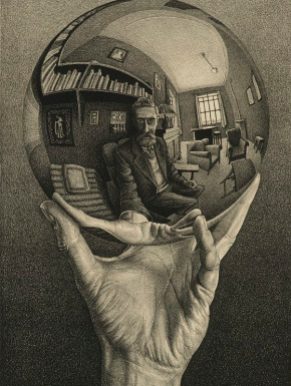 0016901 M.C. Escher Hand met spiegelende bol (zelfportret in bolspiegel) Data2008/2008E0208